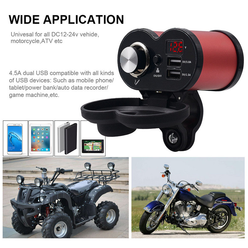 Μοτοσικλέτα Μοτοσικλέτα QC 3.0 Διπλός φορτιστής τηλεφώνου USB Τιμόνι Βάση καθρέφτη οπισθοπορείας Τσιγάρα - Αναπτήρας βολτόμετρου Ένδειξη χρόνου νέο