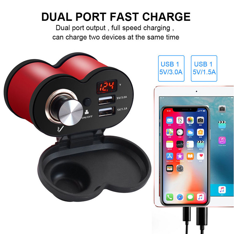 Μοτοσικλέτα Μοτοσικλέτα QC 3.0 Διπλός φορτιστής τηλεφώνου USB Τιμόνι Βάση καθρέφτη οπισθοπορείας Τσιγάρα - Αναπτήρας βολτόμετρου Ένδειξη χρόνου νέο