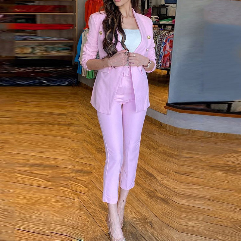 Wefads Naiste bleiseri kaheosaline komplekt Sügisene stiilne soliidne reväär, õhukesed pikkade varrukatega topid taskutega Pükstekomplektid Tänavarõivad