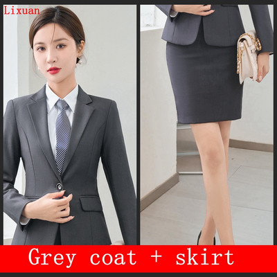 2022 Toamna Iarna Formal Doamnelor Blazer Gri Femei Costume de afaceri cu seturi Îmbrăcăminte de lucru Uniforma de birou Dimensiunea 5XL Pantaloni Jachetă