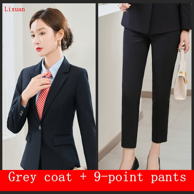 2022 Toamna Iarna Formal Doamnelor Blazer Gri Femei Costume de afaceri cu seturi Îmbrăcăminte de lucru Uniforma de birou Dimensiunea 5XL Pantaloni Jachetă