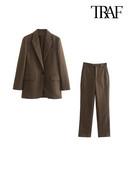 TRAF naiste moe ees nööbiga kontorirõivad bleisermantel ja kõrge vöökohaga tõmblukuga kärbsega püksid naiste kaheosalised komplektid Mujer