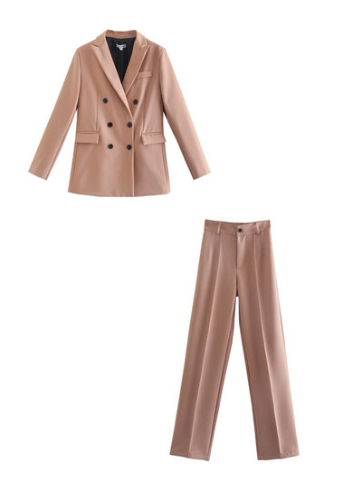 ZEVITY Γυναικεία μόδα με διπλό στήθος Casual επαγγελματικό παλτό και ψηλόμεσο παντελόνι με φερμουάρ Γυναικείο σετ δύο τεμαχίων Mujer CT2607