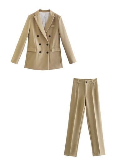 ZEVITY Γυναικεία μόδα με διπλό στήθος Casual επαγγελματικό παλτό και ψηλόμεσο παντελόνι με φερμουάρ Γυναικείο σετ δύο τεμαχίων Mujer CT2607