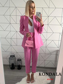 KONDALA Γυναικείο κοστούμι γραφείου Μόδα ροζ μπλέιζερ κοστούμι παντελόνι Vintage V λαιμόκοψη μακρυμάνικο σακάκι+ψηλή μέση παντελόνι σετ 2 τεμαχίων