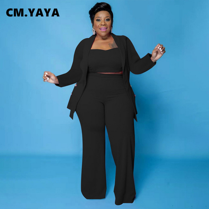 CM.YAYA Plus Size Two Σετ 2 τεμαχίων Γυναικεία ρούχα με τανκ 3 τμχ Παντελόνι Κοστούμι Blazer Top Streetwear Curve Κομψή αθλητική φόρμα