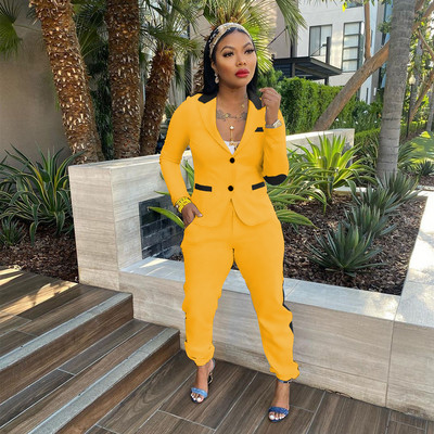 CM.YAYA Set elegant șic pentru damă, cu dungi laterale, cu mânecă lungă, blazer și pantaloni de jogger, costum Office Lady INS Set două 2 piese ținute