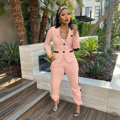 CM.YAYA Set elegant șic pentru damă, cu dungi laterale, cu mânecă lungă, blazer și pantaloni de jogger, costum Office Lady INS Set două 2 piese ținute