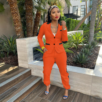CM.YAYA Set elegant șic pentru damă, cu dungi laterale, cu mânecă lungă, blazer și pantaloni de jogger, costum Office Lady INS Set două 2 piese ținute