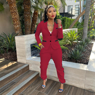 CM.YAYA Set elegant șic pentru damă, cu dungi laterale, cu mânecă lungă, blazer și pantaloni de jogger, costum Office Lady INS Set două 2 piese ținute