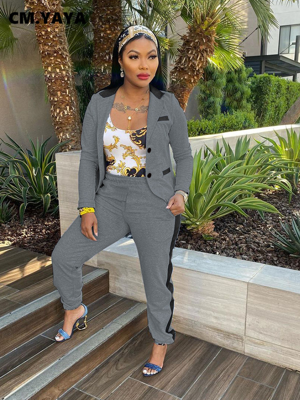 CM.YAYA Set elegant șic pentru damă, cu dungi laterale, cu mânecă lungă, blazer și pantaloni de jogger, costum Office Lady INS Set două 2 piese ținute