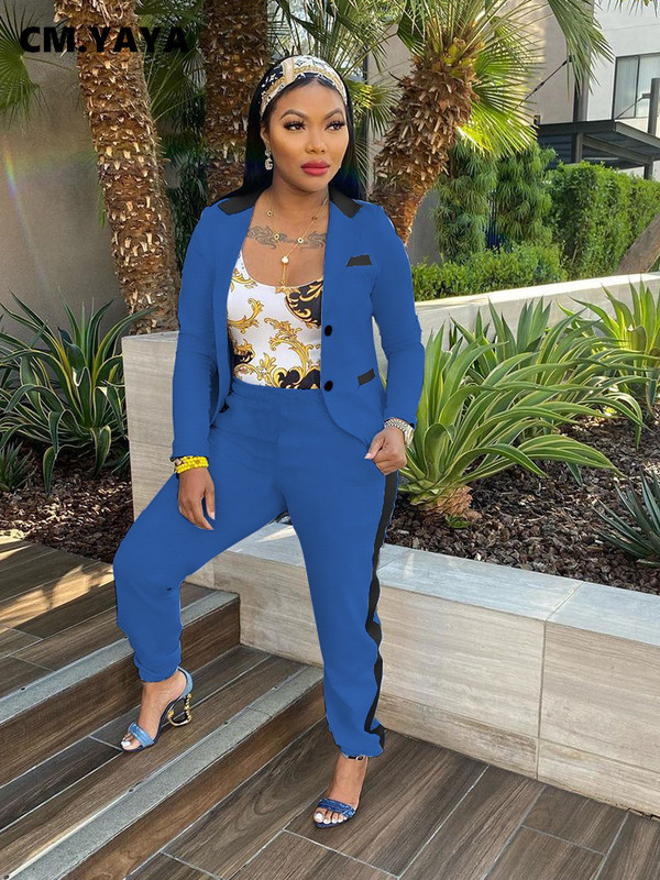 CM.YAYA Set elegant șic pentru damă, cu dungi laterale, cu mânecă lungă, blazer și pantaloni de jogger, costum Office Lady INS Set două 2 piese ținute
