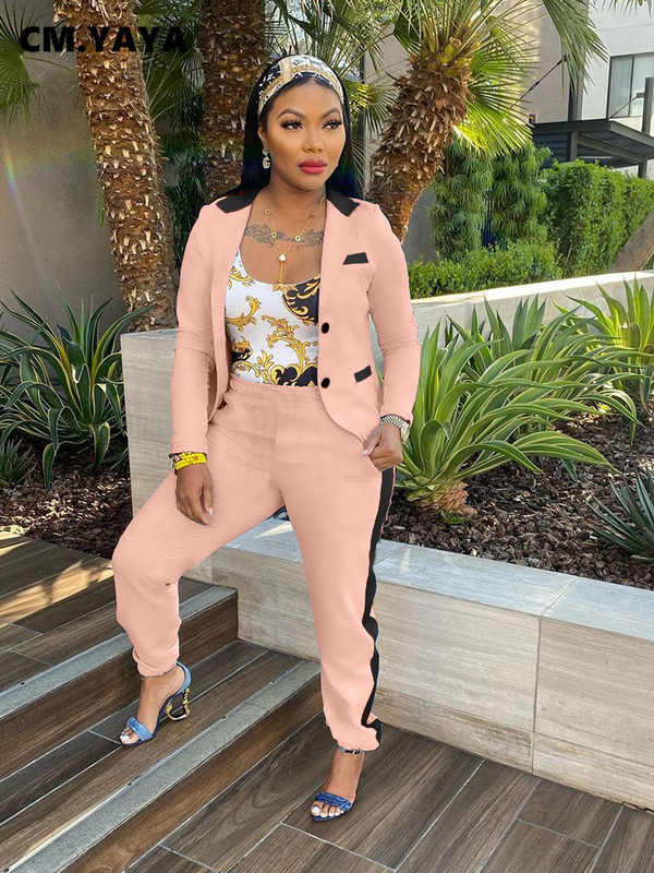 CM.YAYA Set elegant șic pentru damă, cu dungi laterale, cu mânecă lungă, blazer și pantaloni de jogger, costum Office Lady INS Set două 2 piese ținute