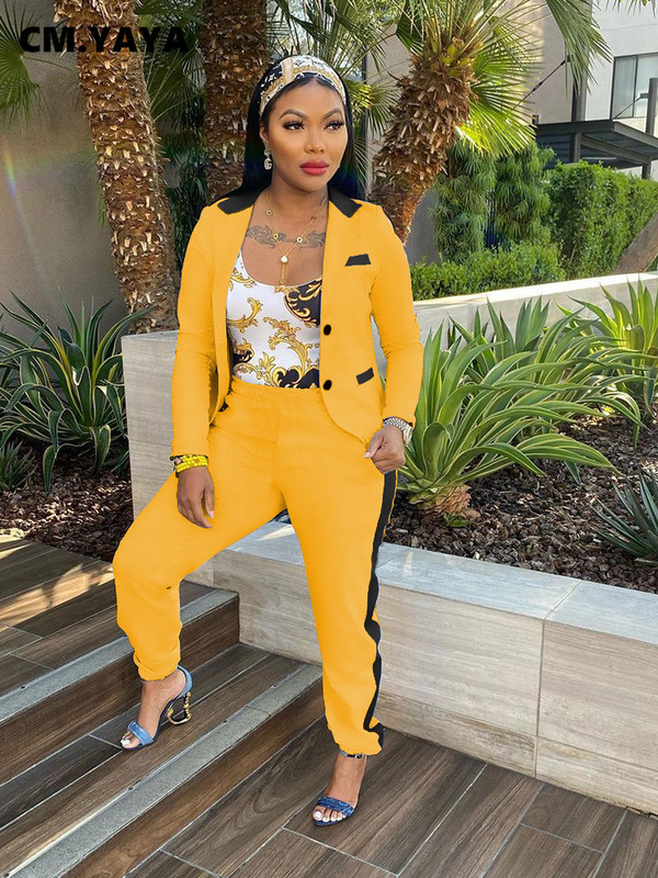 CM.YAYA Set elegant șic pentru damă, cu dungi laterale, cu mânecă lungă, blazer și pantaloni de jogger, costum Office Lady INS Set două 2 piese ținute