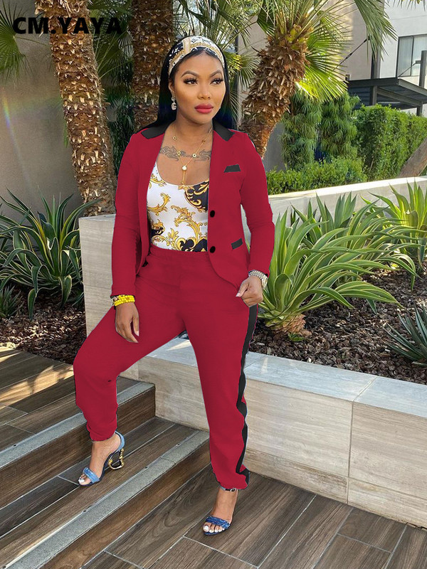 CM.YAYA Set elegant șic pentru damă, cu dungi laterale, cu mânecă lungă, blazer și pantaloni de jogger, costum Office Lady INS Set două 2 piese ținute