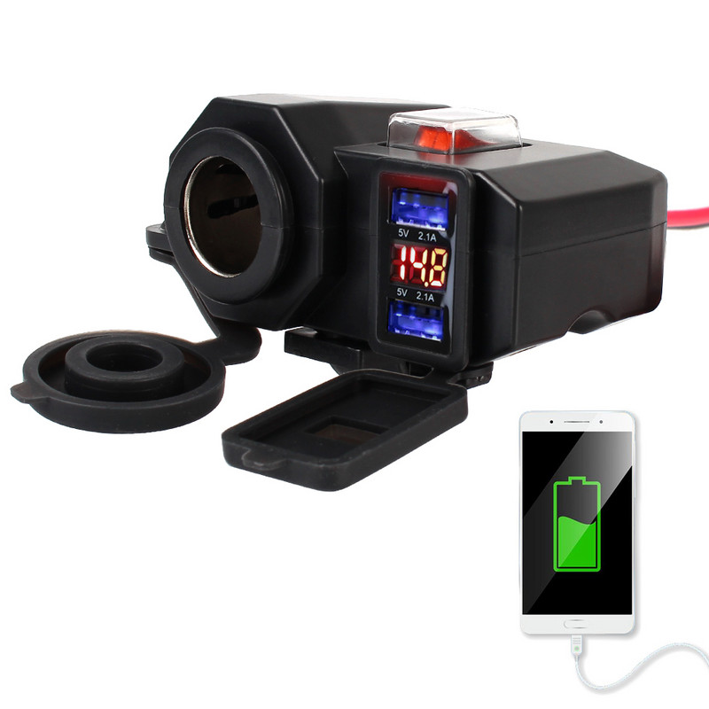 Încărcător pentru ghidon de motocicletă pentru telefon Afișaj digital Adaptor 5V 2.1A Sursă de alimentare Port USB dublu Priză pentru brichetă