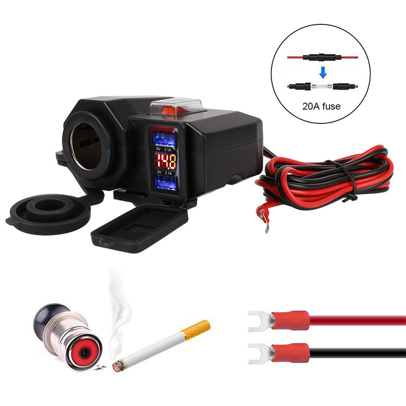 Încărcător pentru ghidon de motocicletă pentru telefon Afișaj digital Adaptor 5V 2.1A Sursă de alimentare Port USB dublu Priză pentru brichetă