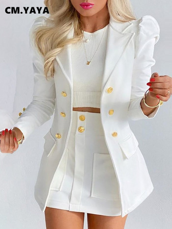 CM.YAYA Бял костюм Дамски комплект блейзъри Пул Блейзъри с дълъг ръкав А-силует Мини пола Два комплекта от 2 части Комплект костюми Conjunto Femenino