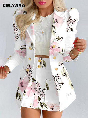 CM.YAYA Бял костюм Дамски комплект блейзъри Пул Блейзъри с дълъг ръкав А-силует Мини пола Два комплекта от 2 части Комплект костюми Conjunto Femenino