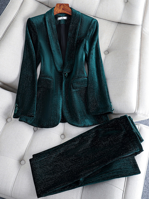Μακρυμάνικο γυναικείο φθινοπωρινό χειμερινό παντελόνι Γυναικείο επίσημο επαγγελματικό φόρεμα 2 τεμαχίων σετ πράσινο σακάκι κρασιού Μπλέιζερ και παντελόνι