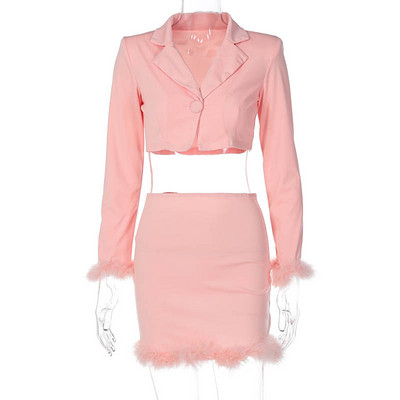 CM.YAYA Σετ κοστούμι μπλέιζερ Γυναικείο 2022 Streetwear Burr Sleeve Blazer and Burr Feather Bodycon Midi φούστα δύο 2 τεμαχίων σετ