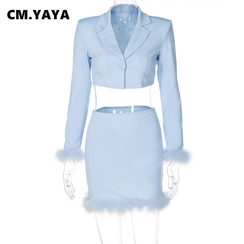 CM.YAYA Σετ κοστούμι μπλέιζερ Γυναικείο 2022 Streetwear Burr Sleeve Blazer and Burr Feather Bodycon Midi φούστα δύο 2 τεμαχίων σετ