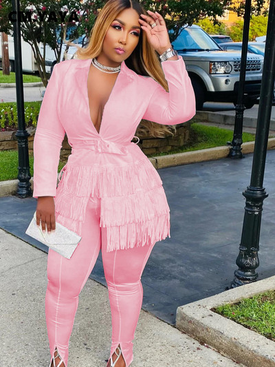 CM.YAYA Κομψή φούντα Splicing Blazer κοστούμι και Split Flare παντελόνι που ταιριάζουν σε δύο σετ 2 τεμαχίων για γυναικεία ρούχα Φόρμα δρόμου