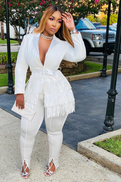 CM.YAYA Κομψή φούντα Splicing Blazer κοστούμι και Split Flare παντελόνι που ταιριάζουν σε δύο σετ 2 τεμαχίων για γυναικεία ρούχα Φόρμα δρόμου