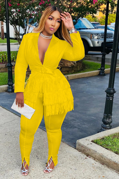 CM.YAYA Κομψή φούντα Splicing Blazer κοστούμι και Split Flare παντελόνι που ταιριάζουν σε δύο σετ 2 τεμαχίων για γυναικεία ρούχα Φόρμα δρόμου