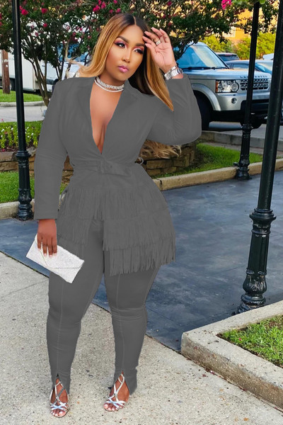 CM.YAYA Κομψή φούντα Splicing Blazer κοστούμι και Split Flare παντελόνι που ταιριάζουν σε δύο σετ 2 τεμαχίων για γυναικεία ρούχα Φόρμα δρόμου