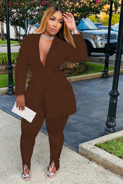 CM.YAYA Κομψή φούντα Splicing Blazer κοστούμι και Split Flare παντελόνι που ταιριάζουν σε δύο σετ 2 τεμαχίων για γυναικεία ρούχα Φόρμα δρόμου