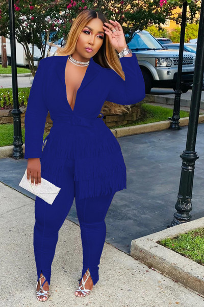 CM.YAYA Κομψή φούντα Splicing Blazer κοστούμι και Split Flare παντελόνι που ταιριάζουν σε δύο σετ 2 τεμαχίων για γυναικεία ρούχα Φόρμα δρόμου