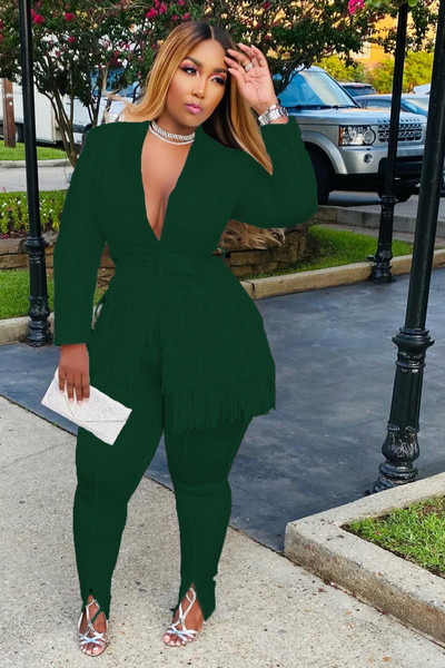 CM.YAYA Κομψή φούντα Splicing Blazer κοστούμι και Split Flare παντελόνι που ταιριάζουν σε δύο σετ 2 τεμαχίων για γυναικεία ρούχα Φόρμα δρόμου