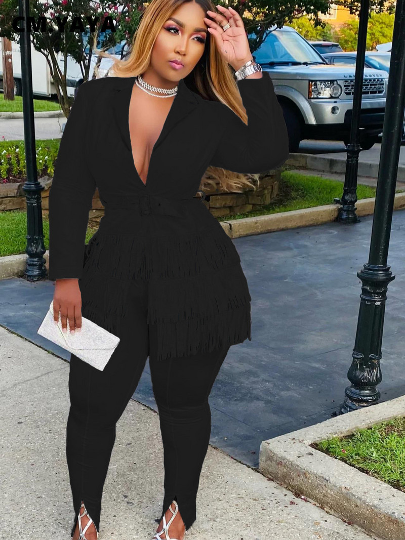 CM.YAYA Κομψή φούντα Splicing Blazer κοστούμι και Split Flare παντελόνι που ταιριάζουν σε δύο σετ 2 τεμαχίων για γυναικεία ρούχα Φόρμα δρόμου