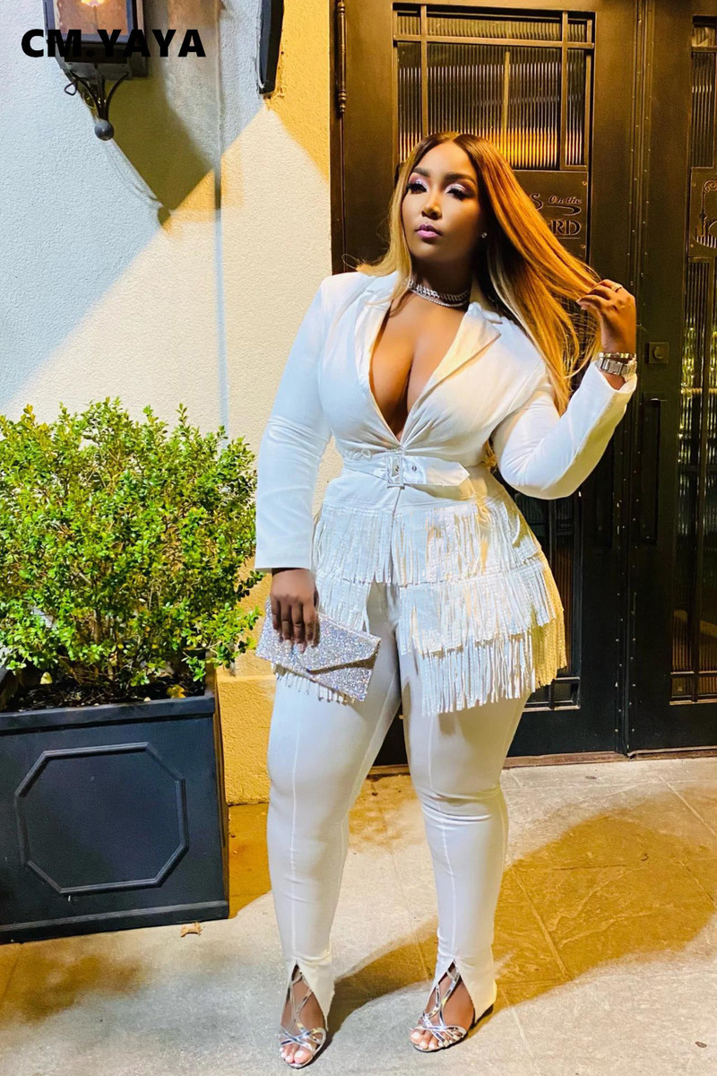 CM.YAYA Κομψή φούντα Splicing Blazer κοστούμι και Split Flare παντελόνι που ταιριάζουν σε δύο σετ 2 τεμαχίων για γυναικεία ρούχα Φόρμα δρόμου