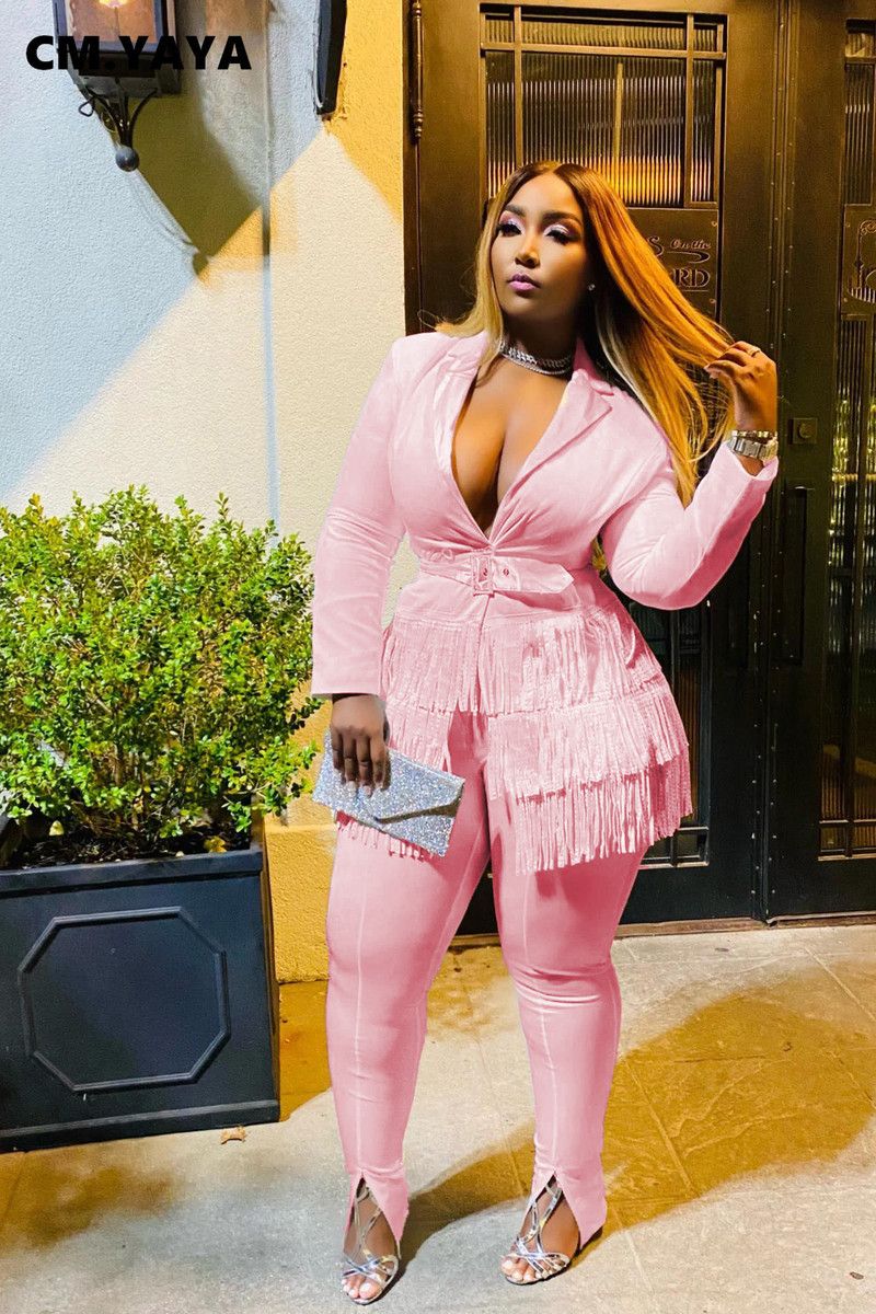 CM.YAYA Κομψή φούντα Splicing Blazer κοστούμι και Split Flare παντελόνι που ταιριάζουν σε δύο σετ 2 τεμαχίων για γυναικεία ρούχα Φόρμα δρόμου