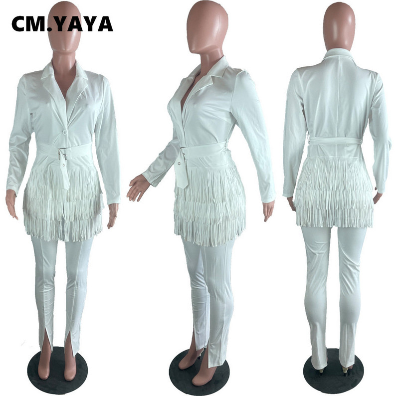 CM.YAYA Κομψή φούντα Splicing Blazer κοστούμι και Split Flare παντελόνι που ταιριάζουν σε δύο σετ 2 τεμαχίων για γυναικεία ρούχα Φόρμα δρόμου