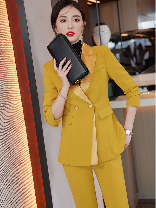 Modes dzeltenzaļš melns sieviešu bikškostīms biroja sieviešu darba apģērbs, 2 daļīgs komplekts sievietēm ar garām piedurknēm žakete un bikses