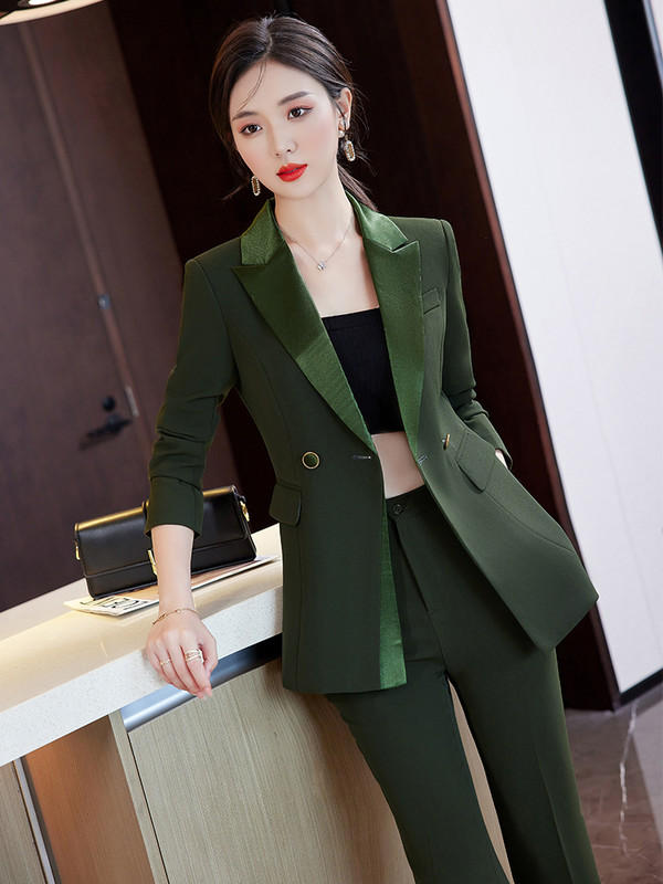 Modes dzeltenzaļš melns sieviešu bikškostīms biroja sieviešu darba apģērbs, 2 daļīgs komplekts sievietēm ar garām piedurknēm žakete un bikses