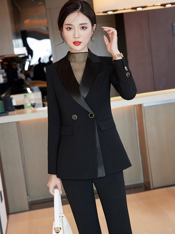 Modes dzeltenzaļš melns sieviešu bikškostīms biroja sieviešu darba apģērbs, 2 daļīgs komplekts sievietēm ar garām piedurknēm žakete un bikses