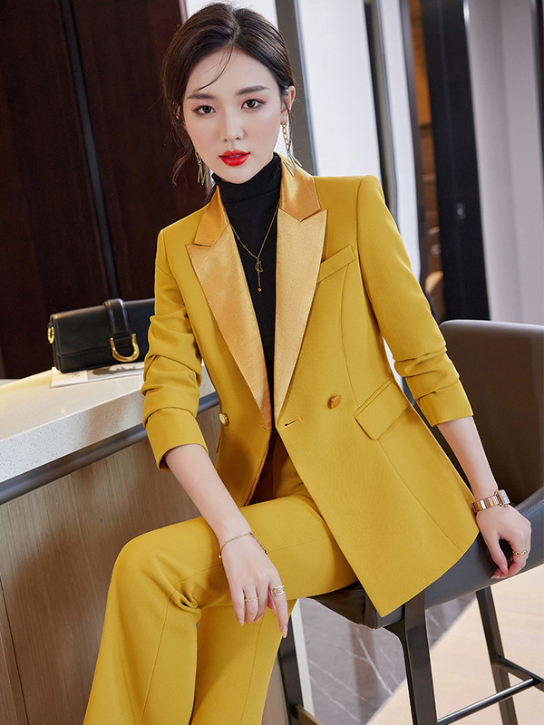 Modes dzeltenzaļš melns sieviešu bikškostīms biroja sieviešu darba apģērbs, 2 daļīgs komplekts sievietēm ar garām piedurknēm žakete un bikses