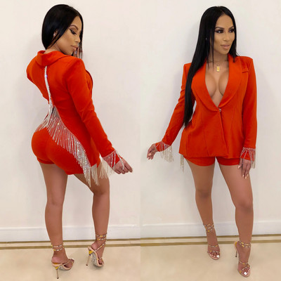 CM.YAYA Γυναικείες παγιέτες Φούντα Splcing οδοντωτό κοστούμι blazer και σορτς που ταιριάζουν σε δύο 2 τεμάχια σετ γραφείο Γυναικεία Κομψή στολή INS