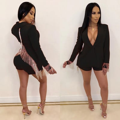 CM.YAYA Γυναικείες παγιέτες Φούντα Splcing οδοντωτό κοστούμι blazer και σορτς που ταιριάζουν σε δύο 2 τεμάχια σετ γραφείο Γυναικεία Κομψή στολή INS