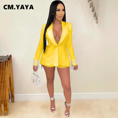 CM.YAYA Γυναικείες παγιέτες Φούντα Splcing οδοντωτό κοστούμι blazer και σορτς που ταιριάζουν σε δύο 2 τεμάχια σετ γραφείο Γυναικεία Κομψή στολή INS