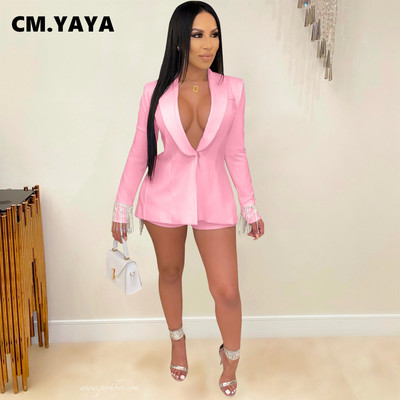 CM.YAYA Γυναικείες παγιέτες Φούντα Splcing οδοντωτό κοστούμι blazer και σορτς που ταιριάζουν σε δύο 2 τεμάχια σετ γραφείο Γυναικεία Κομψή στολή INS