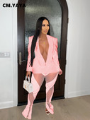 CM.YAYA Κομψό Γυναικείο Σετ δύο 2 τεμαχίων Κοστούμι γυμναστικής με ένα κουμπί και παντελόνι με σχισμή διχτυωτό κοστούμι γυμναστικής δρόμου
