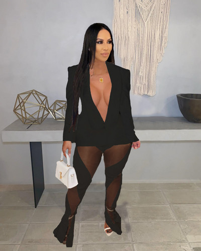 CM.YAYA Κομψό Γυναικείο Σετ δύο 2 τεμαχίων Κοστούμι γυμναστικής με ένα κουμπί και παντελόνι με σχισμή διχτυωτό κοστούμι γυμναστικής δρόμου