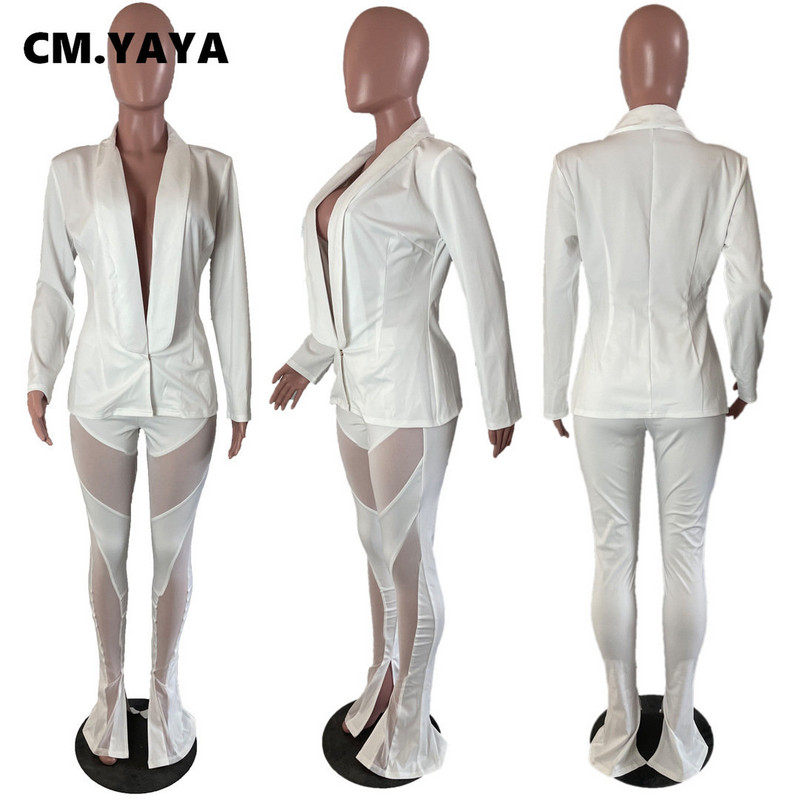 CM.YAYA Κομψό Γυναικείο Σετ δύο 2 τεμαχίων Κοστούμι γυμναστικής με ένα κουμπί και παντελόνι με σχισμή διχτυωτό κοστούμι γυμναστικής δρόμου