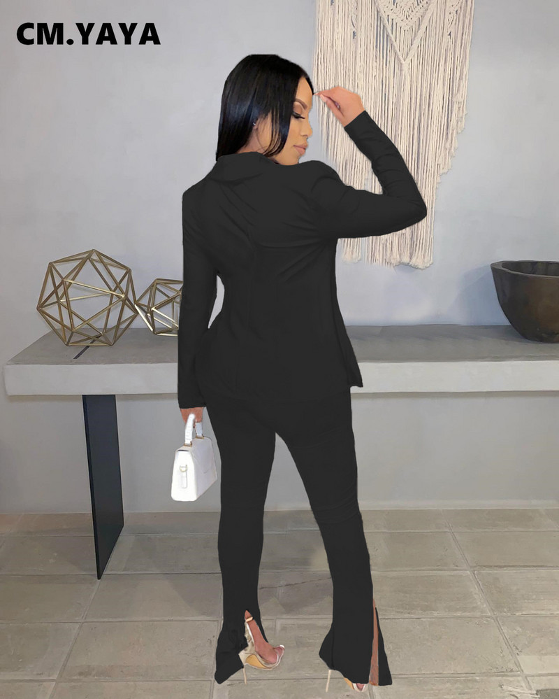 CM.YAYA Κομψό Γυναικείο Σετ δύο 2 τεμαχίων Κοστούμι γυμναστικής με ένα κουμπί και παντελόνι με σχισμή διχτυωτό κοστούμι γυμναστικής δρόμου