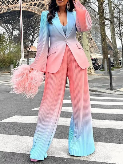 CM.YAYA Costum blazer elegant cu imprimeu în gradient pentru femei Set pantaloni largi cu pliuri largi INS Două seturi 2 piese Outfits Femme